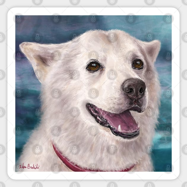 Painting of a White and Furry Alaskan Malamute Sticker by ibadishi